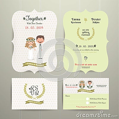 Bride & Groom Cartoon Romantic Farm Wedding Invitation Card and RSVP Vector Illustration