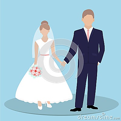 Bride and groom couple holding hands on blue background. Vector illustration Cartoon Illustration