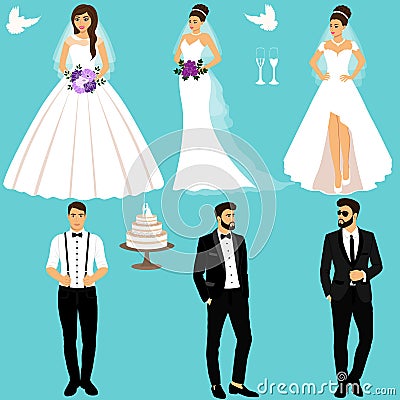 Bride and groom. Couple. Wedding set. Collection. Vector Illustration