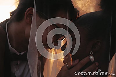 Bride and groom covered with veil close-up. Interracial marriage. Asian bride and groom Stock Photo