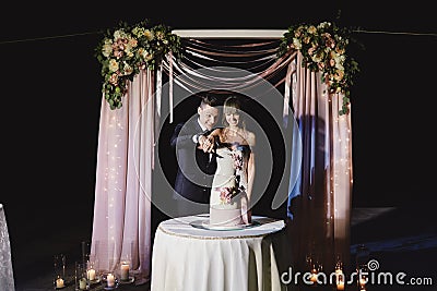 A bride and a groom is cutting their wedding cake. beautiful cake. nicel light. wedding concept Stock Photo