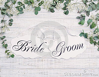 Bride and groom decoration boards with floral frame Stock Photo