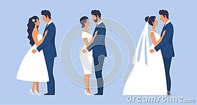 Bride and groom in different outfits set of flat simple illustrations for design, newlyweds, wedding anniversary Vector Illustration