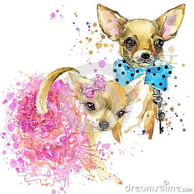 Bride and groom dog T-shirt graphics. mini dog illustration with Cartoon Illustration