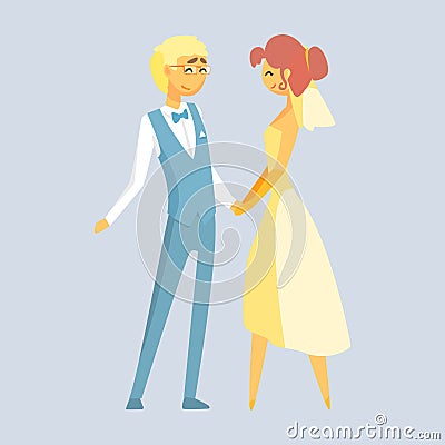 Bride and groom holding hands at wedding day. Romantic couple colorful cartoon character Vector Illustration