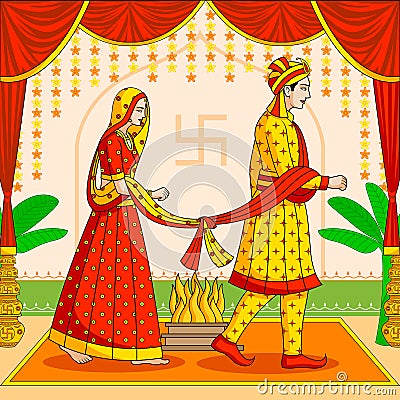 Bride and Groom in Indian Hindu Wedding Vector Illustration