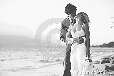 Bride and Groom Kissing on the Beach Stock Photo