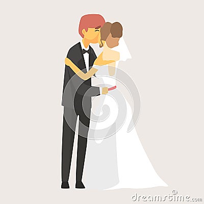 Bride and groom kissing at wedding ceremony. Romantic couple colorful cartoon character Vector Illustration