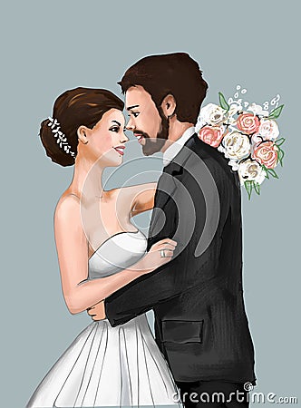 Bride and Groom Marriage Ceremony Marriage greeting card, invitation, love, love story, woman, female, illustration, paiting, dra Cartoon Illustration