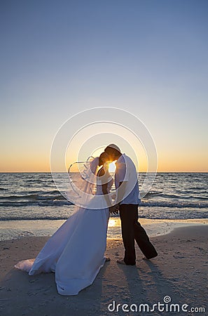 Bride and Groom Marriage Kissing Sunset Beach Wedding Stock Photo