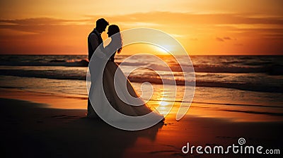 Bride and groom, newlyweds, honeymoon on the beach sunset Stock Photo