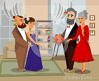 Bride, Groom with Parents Vector Illustration Vector Illustration