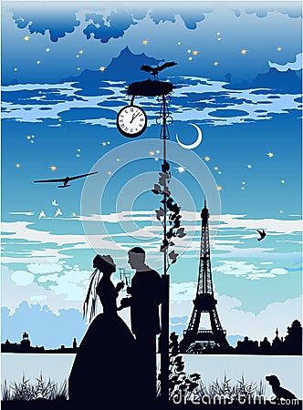 The bride and groom in Paris Vector Illustration