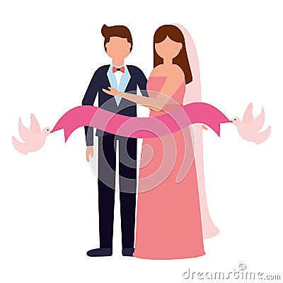 bride and groom pigeons with ribbon wedding day Cartoon Illustration
