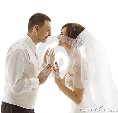 Bride and Groom Portrait, Wedding Couple Looking Each Other Stock Photo