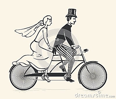 Bride and groom riding a vintage tandem bicycle Vector Illustration