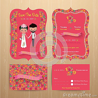 Bride and groom rustic floral wedding invitation card with save Vector Illustration