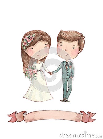 Bride and groom with flowers and ribbon, watercolor illustration wedding Cartoon Illustration