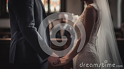 The bride and groom holding hands at the altar during their ceremony created with Generative AI Stock Photo