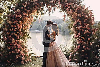 A bride and groom standing together in front of a beautifully decorated floral arch, An intimate garden wedding beneath a floral Stock Photo