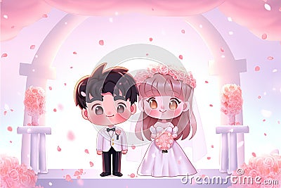 Bride and groom standing at the wedding altar in 3d illustration style Cartoon Illustration