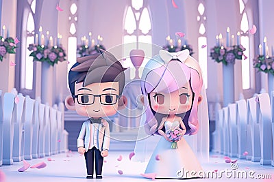 Bride and groom standing at the wedding altar in 3d illustration style Cartoon Illustration