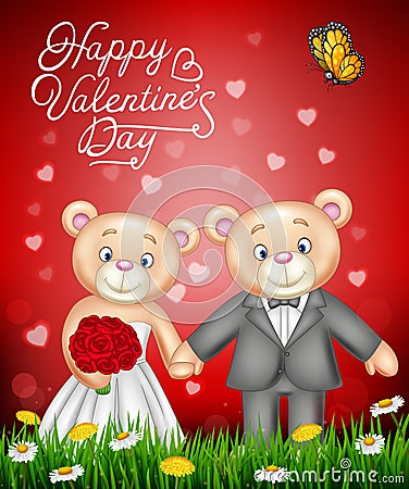 Bride and groom teddy bears getting married Vector Illustration