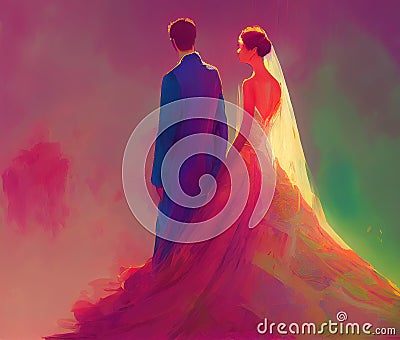 bride and groom together, in dress, colorful, ai generated image Stock Photo