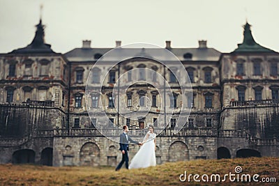 Bride and groom walk along the yellow lawn in the front of an old ruined castle Stock Photo