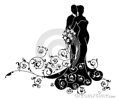 Bride and Groom Wedding Abstract Dress Silhouette Vector Illustration