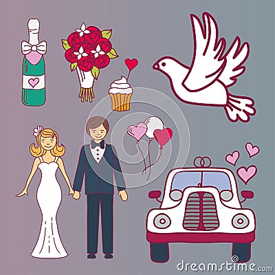 Bride and groom wedding couple marriage nuptial icons design ceremony celebration and holliday people folk icons beauty Vector Illustration