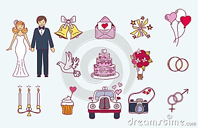 Bride and groom wedding couple marriage nuptial icons design ceremony celebration and holliday people folk icons beauty Vector Illustration