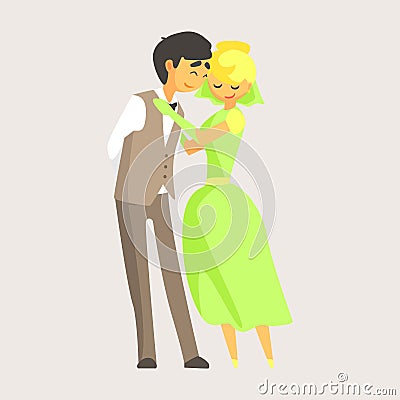 Bride and groom at wedding day. Romantic couple colorful cartoon character Vector Illustration