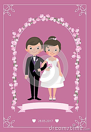 Bride and groom in a wedding dress standing under an arch of flo Vector Illustration