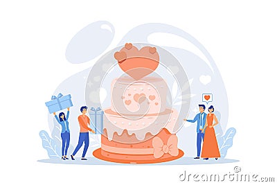 Bride and groom at wedding party and guests with gifts at big cake. Wedding party planning, bridal party ideas, bridesmaid dresses Vector Illustration