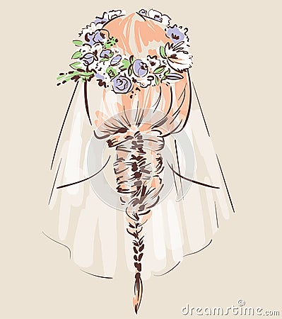 Bride with her hair done and decorated. Vector Illustration