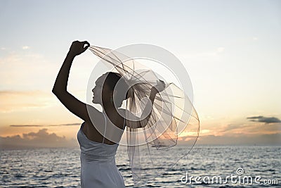 Bride holding veil on beach Stock Photo