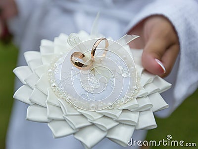 Bride holds ring pillow with pair golden wedding rings Stock Photo