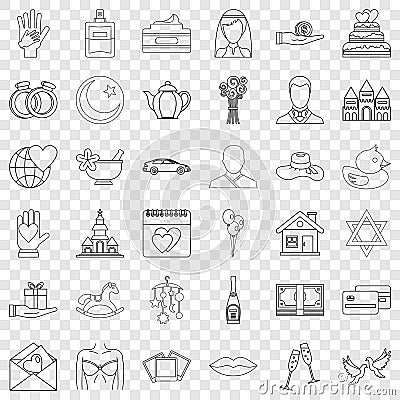 Bride icons set, outline style Vector Illustration