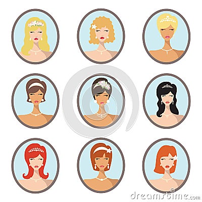 Bride images set.Wedding hairstyles design Vector Illustration