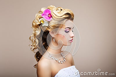 Harmony. Pleasure. Profile of Young Lady with Jewelry - Earrings & Necklace Stock Photo