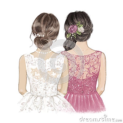 Bride and Maid of Honour with roses in hair. Hand drawn Illustration Vector Illustration