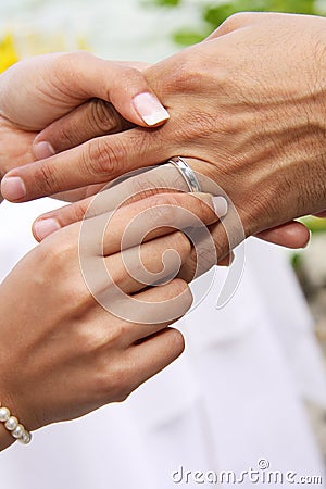 Bride puts ring on Groom Stock Photo