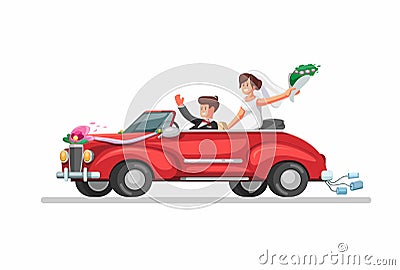 Bride on retro convertible car just married couple. wedding car symbol in cartoon illustration vector on white background Vector Illustration