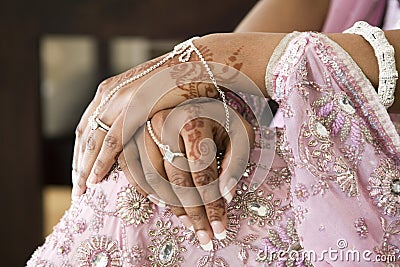 Bride's Hand With Henna Tattoo, Indian Wedding Stock Photo