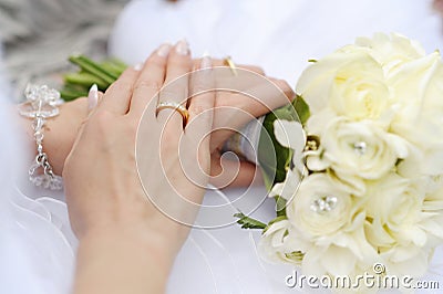 Bride's hand with a wedding ring Stock Photo