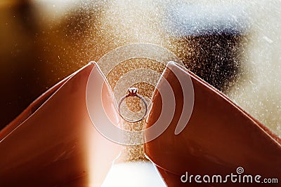 Bride`s jewel ring between women`s shoes with splashes of perfume in the background Stock Photo