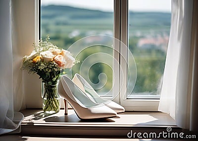 The bride's white shoes and a bouquet of flowers stand on the windowsill on a sunny summer day Stock Photo