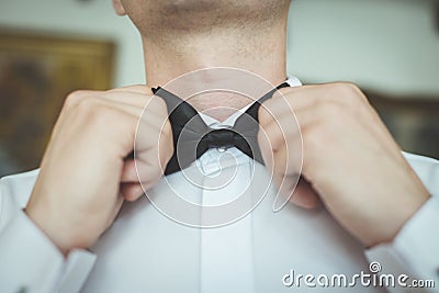 Bride straightens his tie Stock Photo