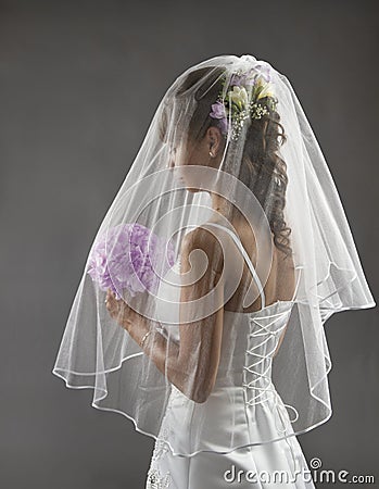 Bride Veil Portrait, Wedding Bridal Hair Style, Flowers Bouquet Stock Photo